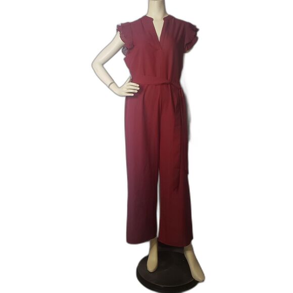 SHEIN Jumpsuit Womens XL Red Ruffle Sleeve Belted Keyhole Back Wide Leg Romper - Picture 10 of 10